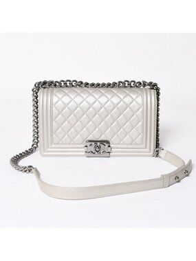 Chanel Boy Chain Shoulder Bag Light Gray Lambskin Silver